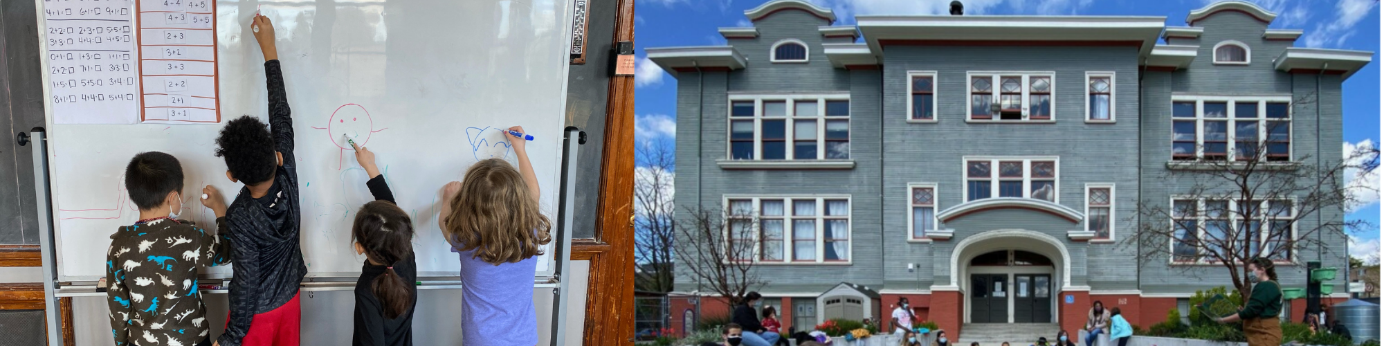 two photos with students at whiteboard and of a gray multistoried building