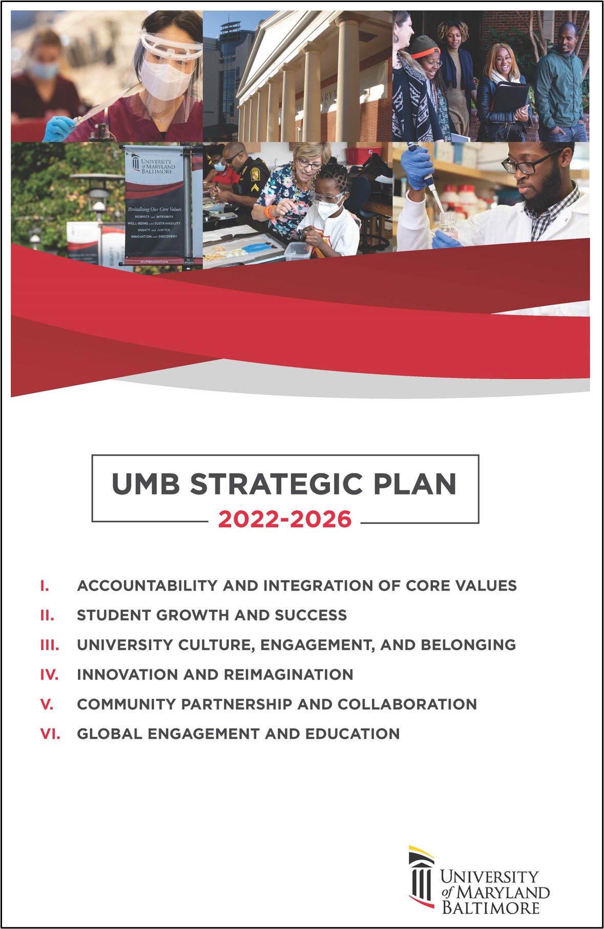 A brochure of UMB's Strategic Plan with photos of groups of people and a list of the 6 headings: I. Accountability and Integration of Core Values II. Student Growth and Success III. University Culture, Engagement, and Belonging IV. Innovation and Reimagination V. Community Partnership and Collaboration VI. Global Engagement and Education.