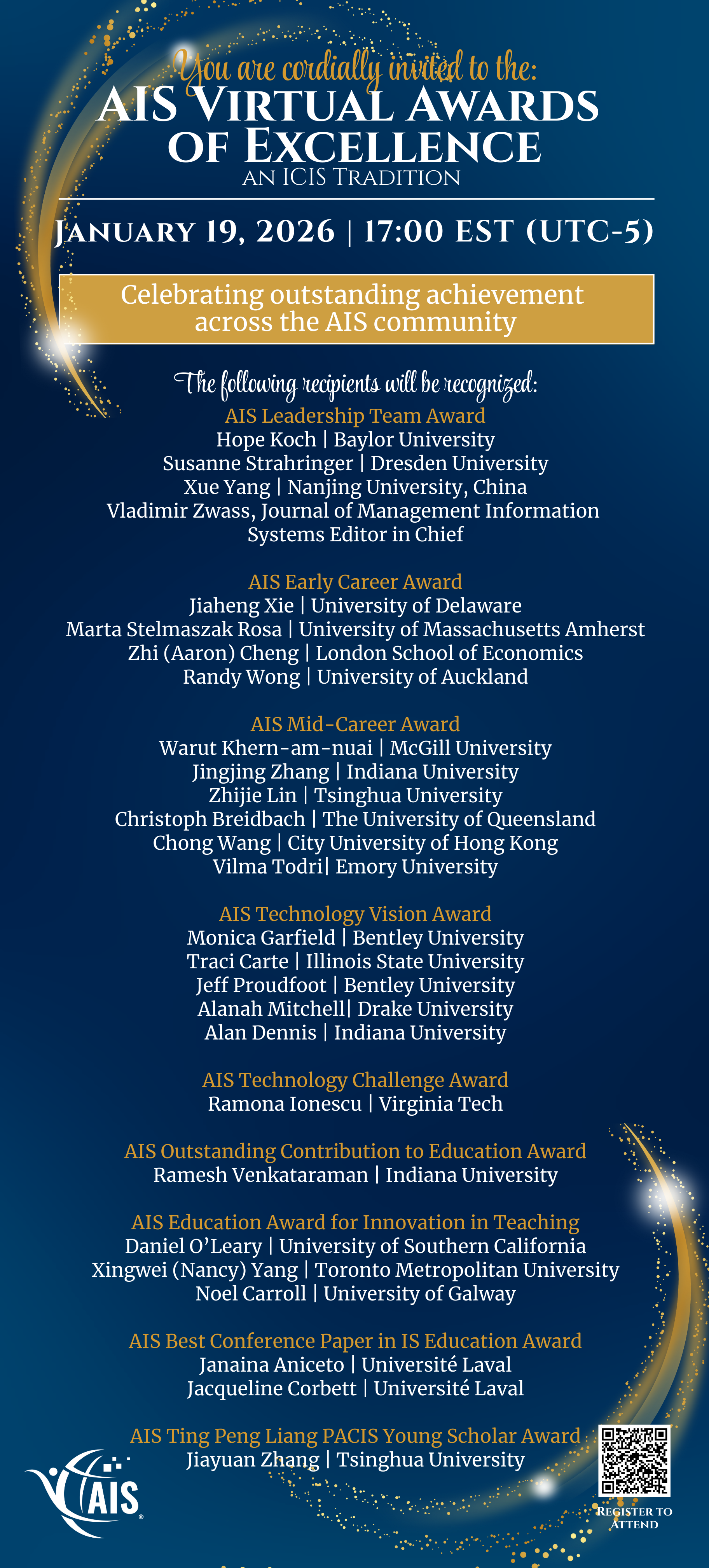 AIS Virtual Awards of Excellence invitation graphic (January 19, 2026 at 17:00 EST / UTC-5)