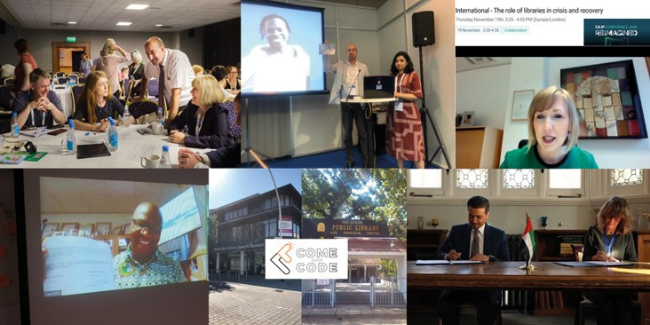 collage image: Ayub Khan leads CILIP’s Presidential Commission survey on developing an international policy (Dec 2018); The UK Caucus at IFLA WLIC (Aug 2019); Marcie Hopkins from the British Library chairs the international session at CILIP Conference (Oct 2020). Bottom, from left: MoA signing between CILIP and AfLIA (Jan, 2020); ‘Come and Code’ sessions between Redbridge Library and the Quilon Public Library, India (2021); MoA signing between CILIP and Sharjah Public Libraries (Feb, 2020)