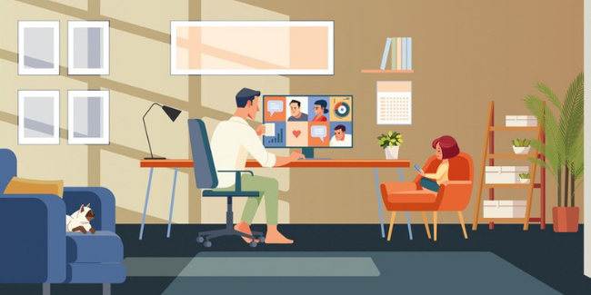 Illustration of man on video conference with young girl beside on a digital device