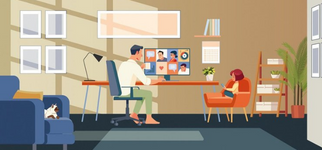 Illustration of man on video conference with young girl beside on a digital device