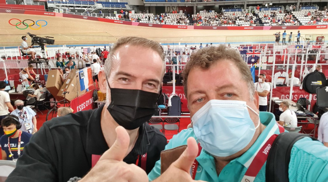 Chris, right, on an observer tour of Cycling Track, meeting with the International Cycling Union Technical Delegate, Gilles Peruzzi, to share his experiences. The cycling venues were in a Japanese prefecture with reduced Covid restrictions and the only events that had spectators.