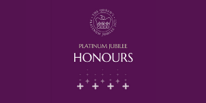 Purple background with the Queen's Platinum Jubilee 2022 and inage of a crown with 70 on top