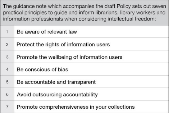 The guidance note which accompanies the draft Policy sets out seven practical principles to guide and inform librarians, library workers and information professionals when considering intellectual freedom: Be aware of relevant law; Protect the rights of information users; Promote the wellbeing of information users; Be conscious of bias; Be accountable and transparent; A