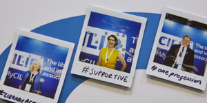 Photo from the 2019 CILIP Conference showing polaroid photos of CILIP members with the words they associate with CILIP which include suppotive, one profession and library activism