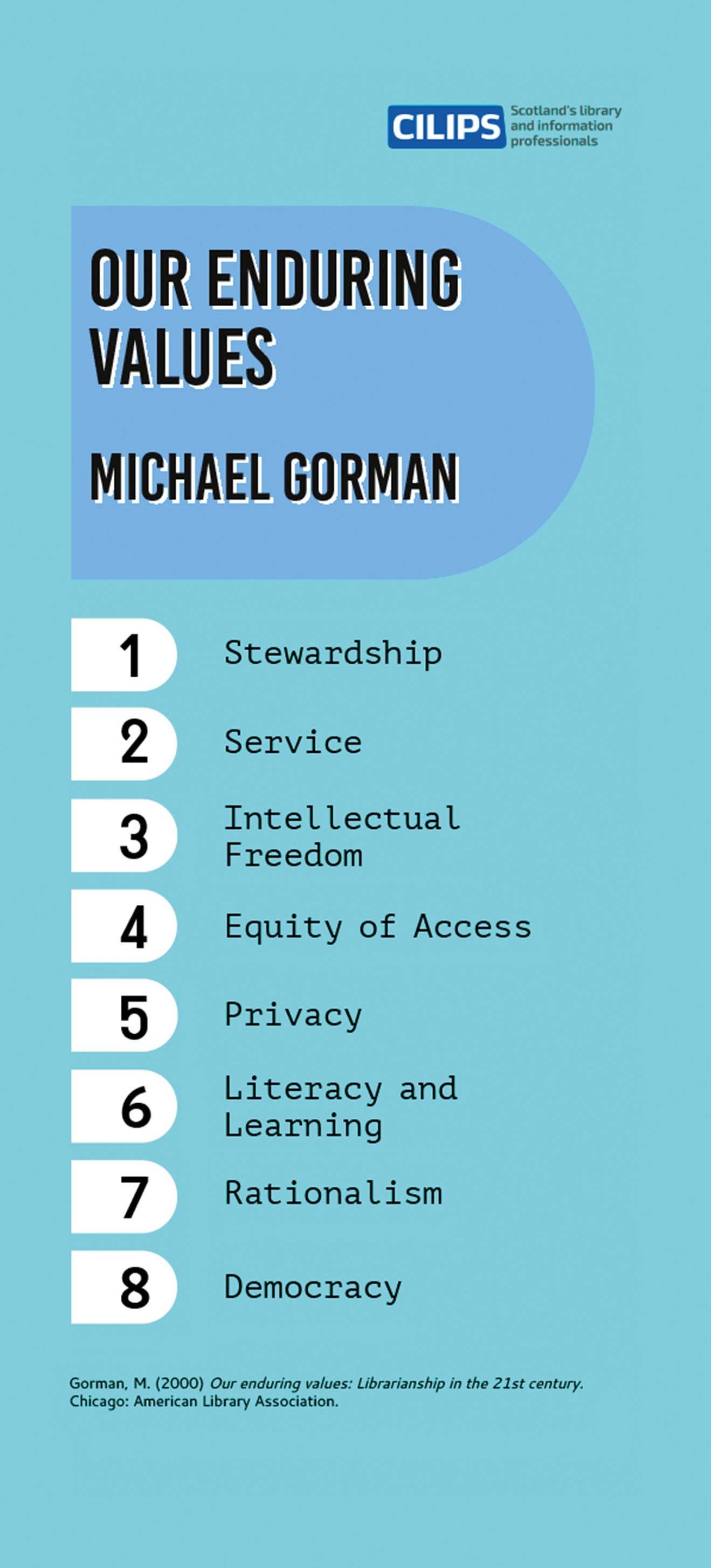 Our Enduring Values. Michael Gorman. 1. Stewardship 2. Service 3. Intellectual Freedom 4. Equity of Access 5. Privacy 6. Literacy and Learning 7. Rationalism 8. Democracy 