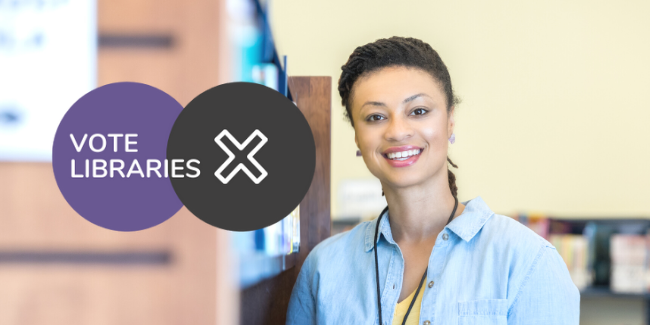 Vote Libraries logo and female librarian standing next to shelves