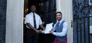 Bobby Seagull presenting petition to Number 10 Downing Street