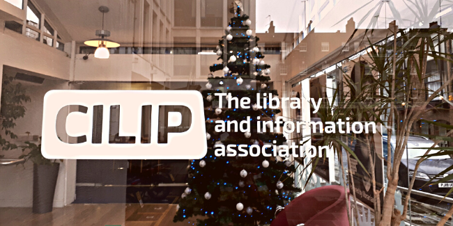 Christmas tree in the foyer of CILIP's headquarters in Ridgmount Street, London