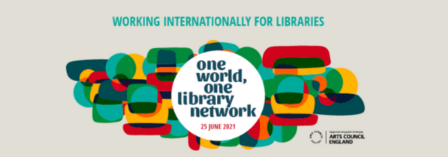 Working Internationally for Libraries Conference banner with strapline One World, One Library Network