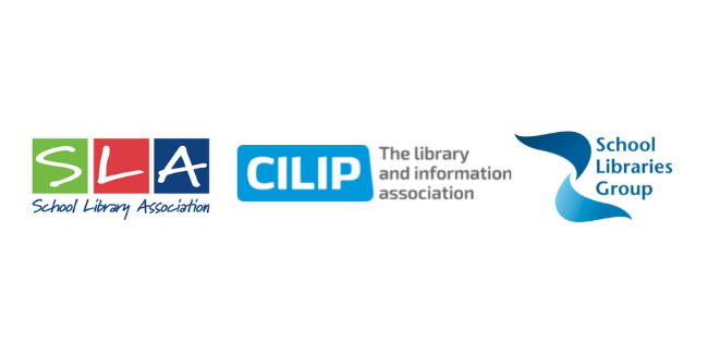 Logos for School Library Association, CILIP and the School Libraries Group alongside each other