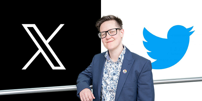 Dr Beth Montague-Hellen in front of the old and the new Twitter logos 