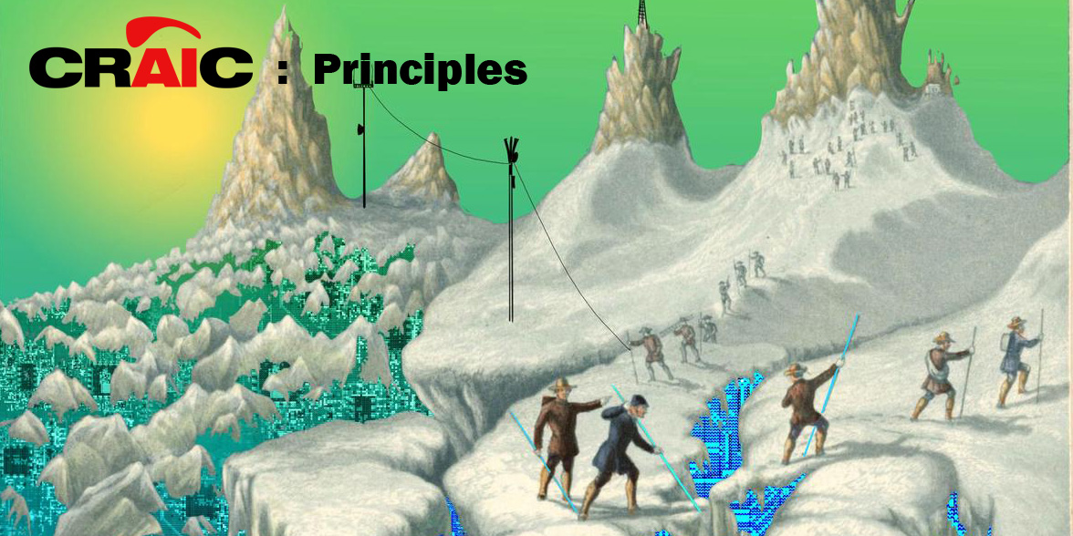 A snowy landscape with icy cliffs and towering mountains. Several explorers are shown climbing and navigating the snowy terrain, some using ropes to bridge gaps. Below the cliffs, a grid of blue electric circuits and transmission towers dot the mountains, blending the natural and technological elements of the scene. The sky is a vividly toxic green, with a orange sun glowing in the background..