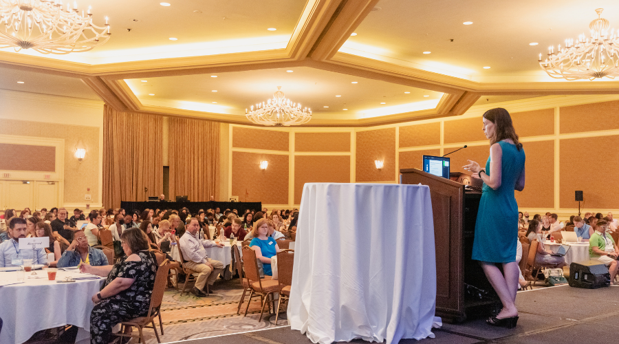 Person speaking to a room of individuals