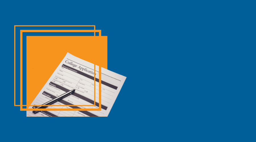 A college application in an orange box on a blue background