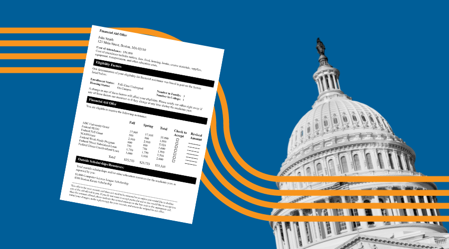 Financial aid award letter and US capitol dome on a blue background with orange lines