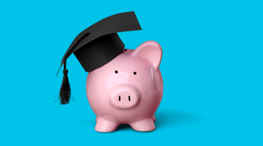 Piggy bank with a grad cap on a light blue background