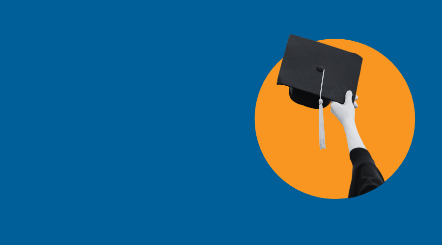 Student holding a grad cap in an orange circle on a blue background