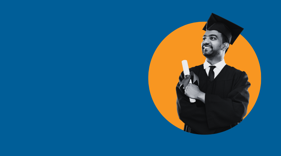 Student in a grad uniform in an orange circle on a blue background