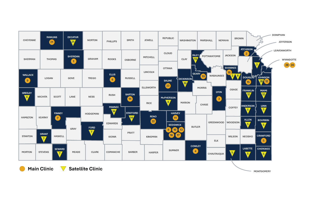 map of kansas with member clinic pins representing list below