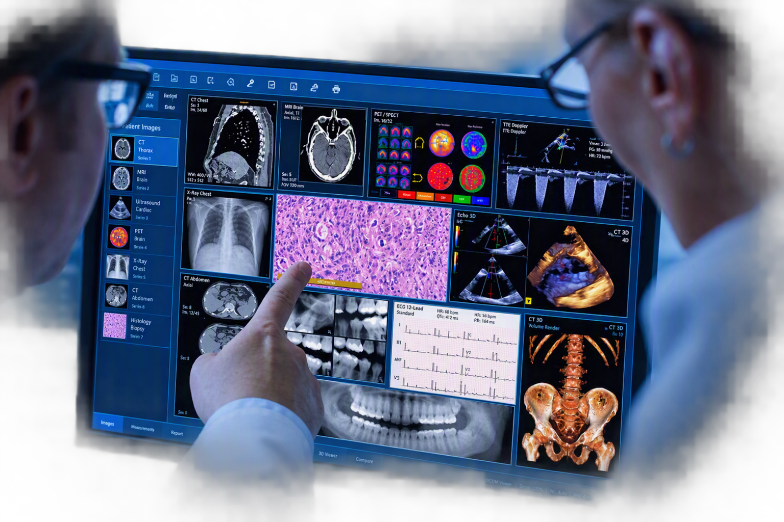 Two doctors point at a computer screen showing x-ray and MRI imaging.