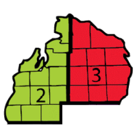 2D map of Michigan showing NASW-MI's Regions 2-3 locations