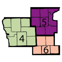 2D map of Michigan showing NASW-MI's Regions 4-6 locations