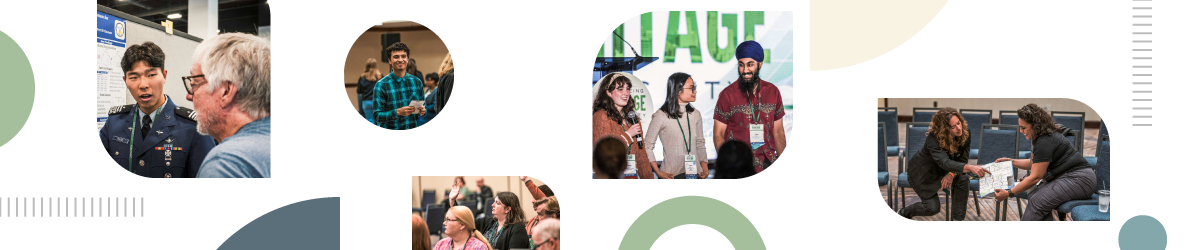 Collage of diverse individuals engaging in discussions and presentations at a conference, including a military officer presenting a poster, students speaking on stage, attendees networking, and a small group collaborating over a map. The design includes abstract geometric shapes in muted colors.