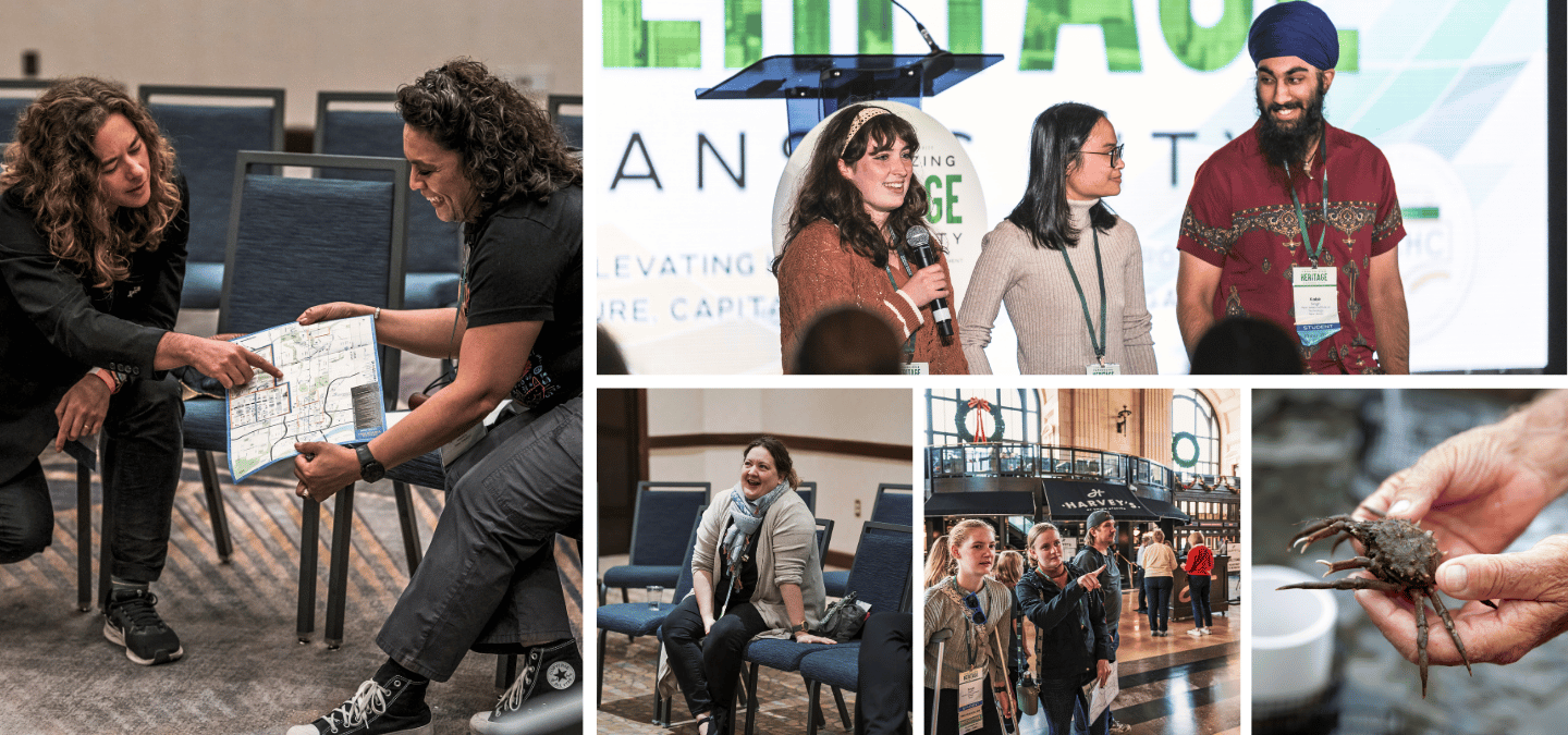 Collage of photos from City as Text explorations at the 2024 Annual Conference and a photo of Chesapeake Bay seminar activities.