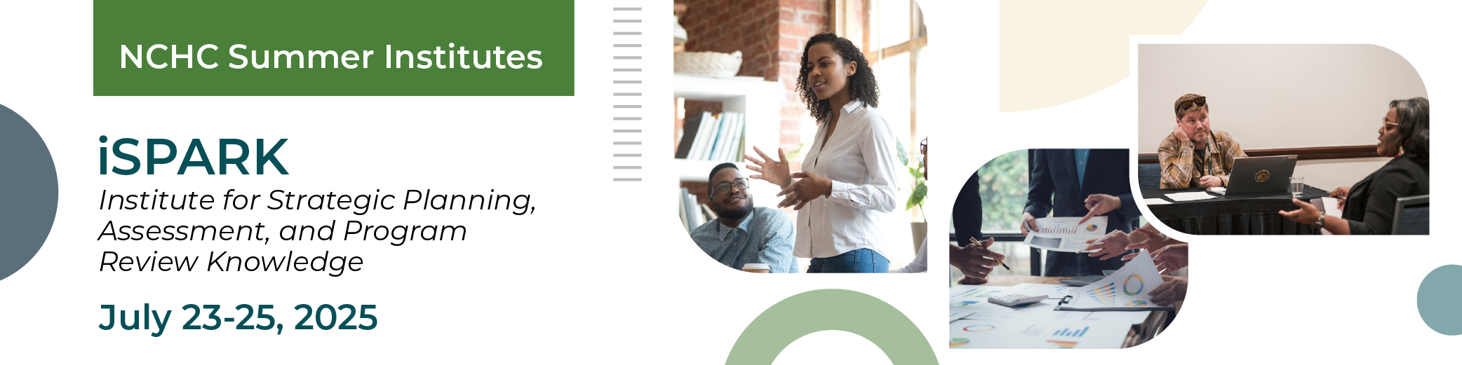 Promotional banner for NCHC Summer Institutes iSPARK event, scheduled for July 23-25, 2025, highlighting strategic planning, assessment, and program review in educational settings.
