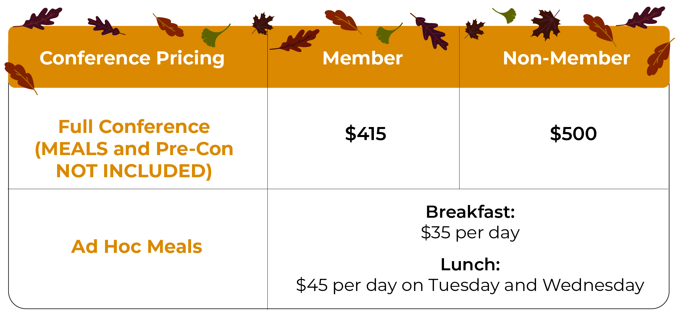 Conference Pricing Table