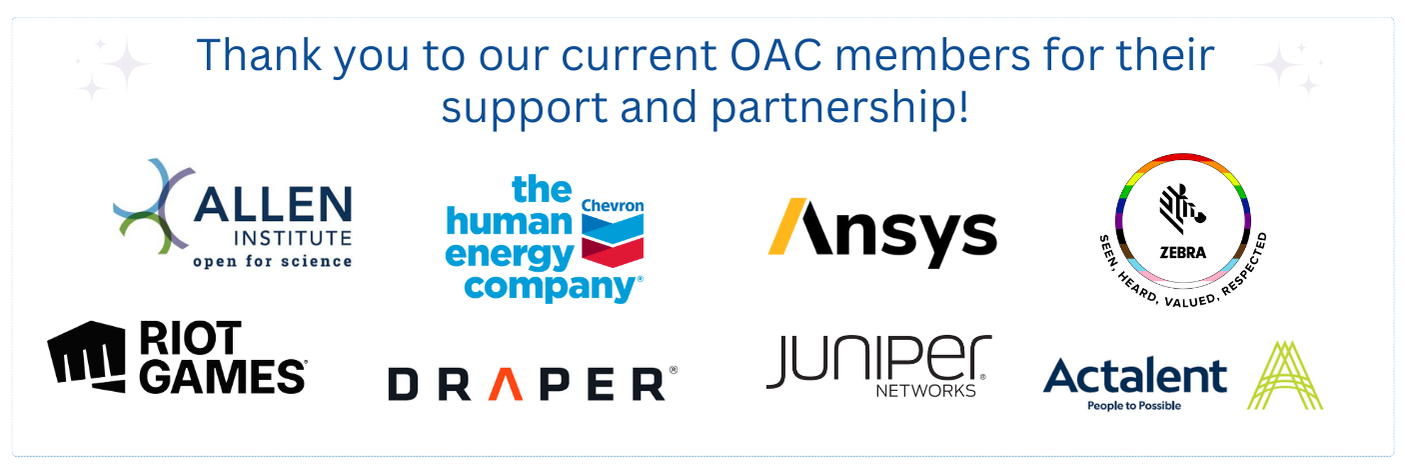 At the top of this image is the text 'Thank you to our current OAC members for their support and partnership! Below the text are logos for the Organizational Advisory Council Members: Allen Institute, Ansys, Chevron, Zebra, Riot Games, Juniper Networks, DRAPER, and Actalent.