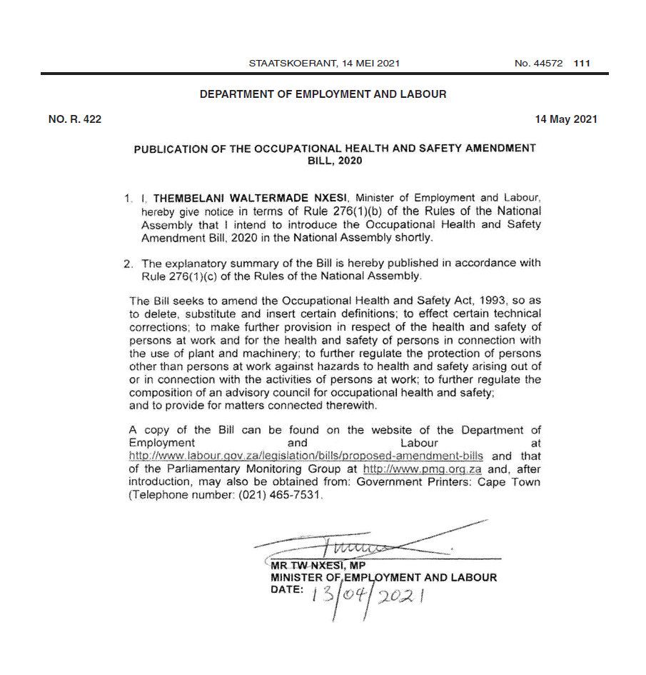 Publication of the Occupational Health and Safety Amendment Bill, 2020