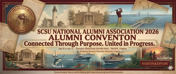 flyer showing images of norfolk, fishing, golfing, boating, etc. va with title for SCSUNAA 2026 Convention