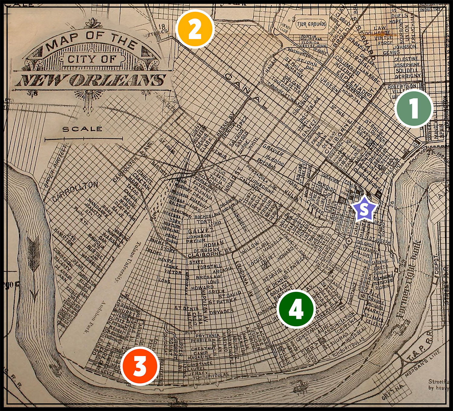 Vintage New Orlens map with bookstore tour locations