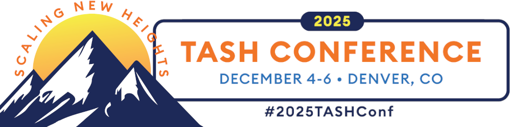 The logo for the 2025 TASH Conference in New Denver, Colorado: a sun rising behind stylized dark blue mountains.