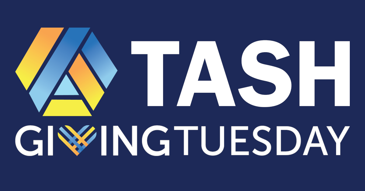 A hybrid of the TASH and Giving Tuesday logos. The Giving Tuesday heart in the same color gradients as the TASH Möbius strip.