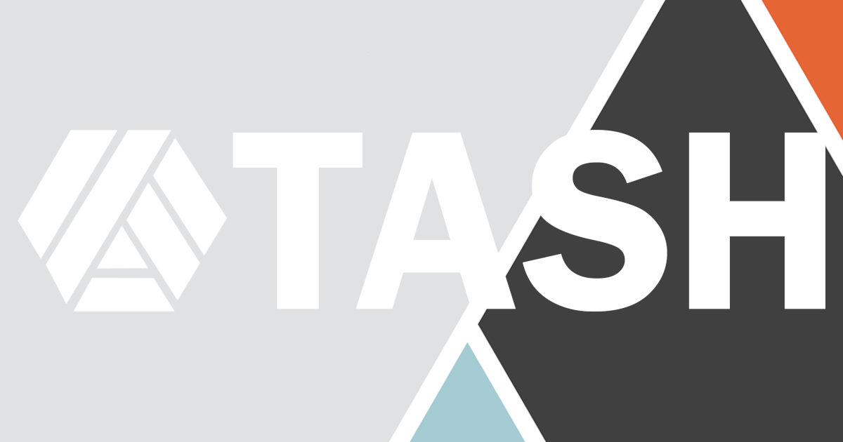 The TASH logo with the stylized Möbius strip icon against a background of the RPSD colors: orange, black, teal and grey.