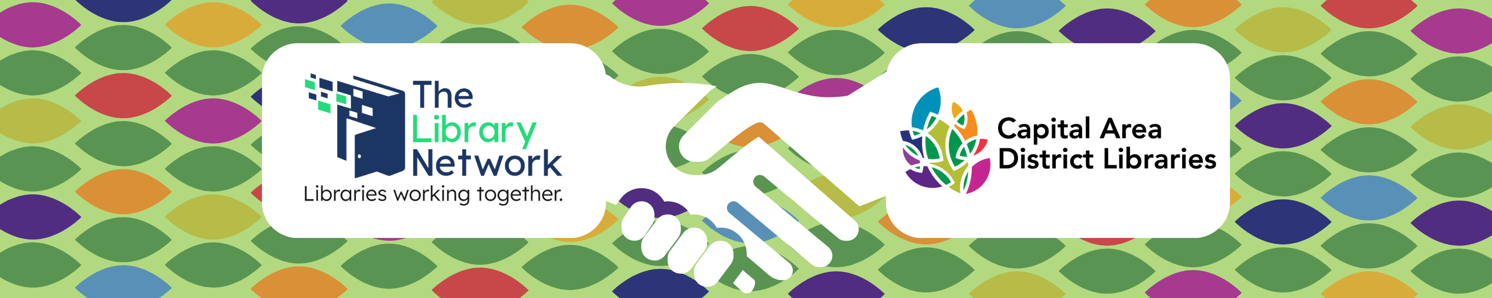 Hands shaking with The Library Network and Capital Area District Library logos featured