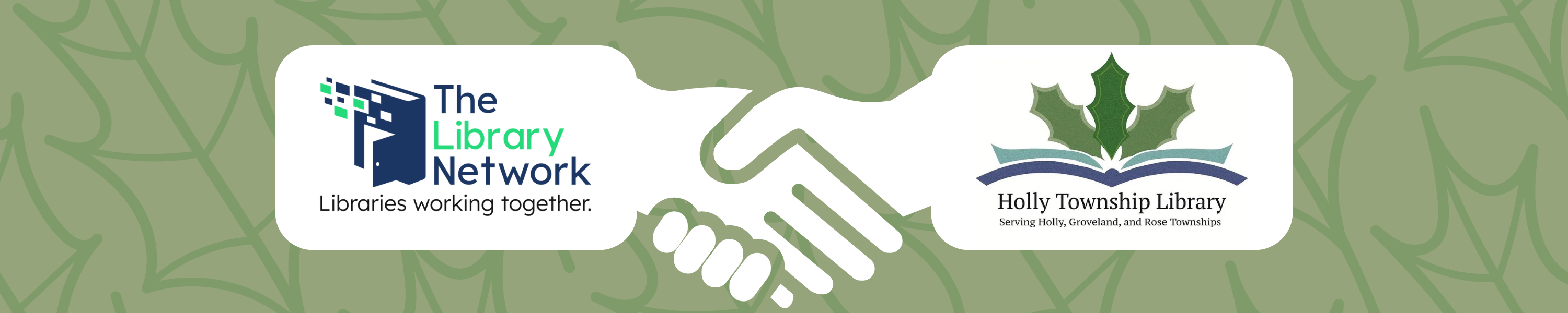 Hands shaking with The Library Network and Holly Township Library logos featured