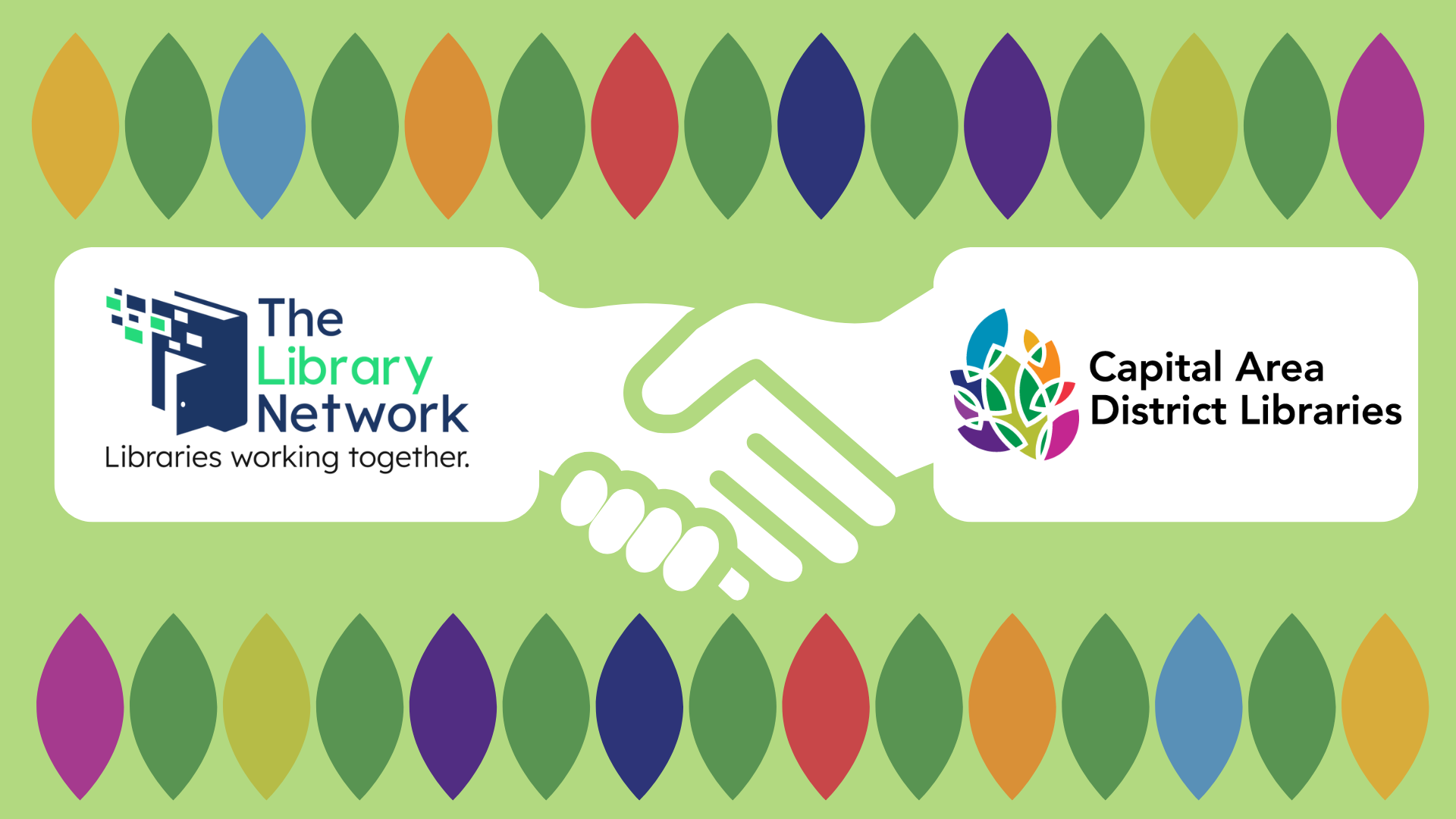 Hands Shaking with The Library Network and Capital Area District Library Logos featured