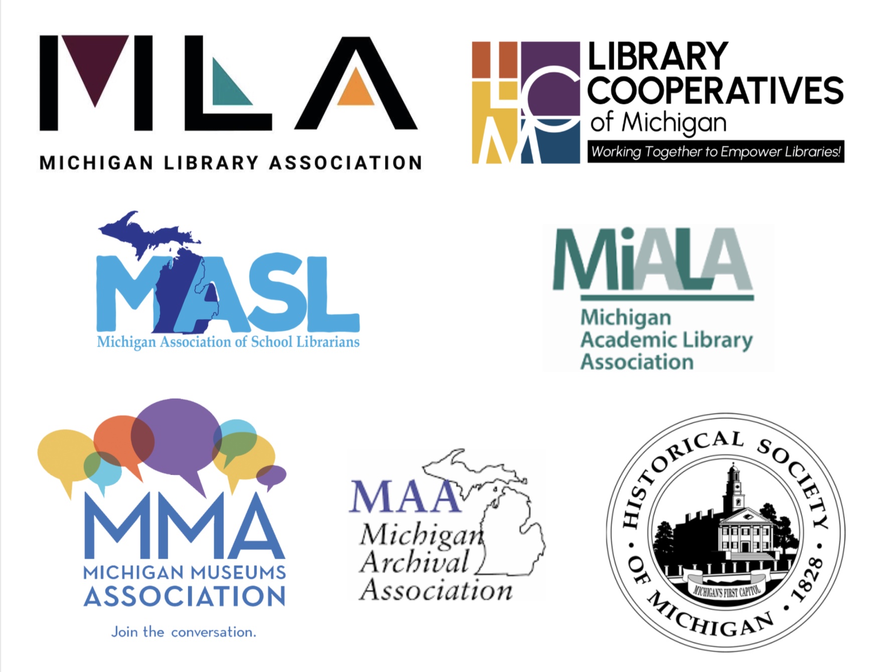 Logos for Michigan Library Association, Library Cooperatives of Michigan, Michigan Association of School Librarians, Michigan Academic Library Association, Michigan Museums Association, Michigan Archival Association, and Historic Society of Michigan