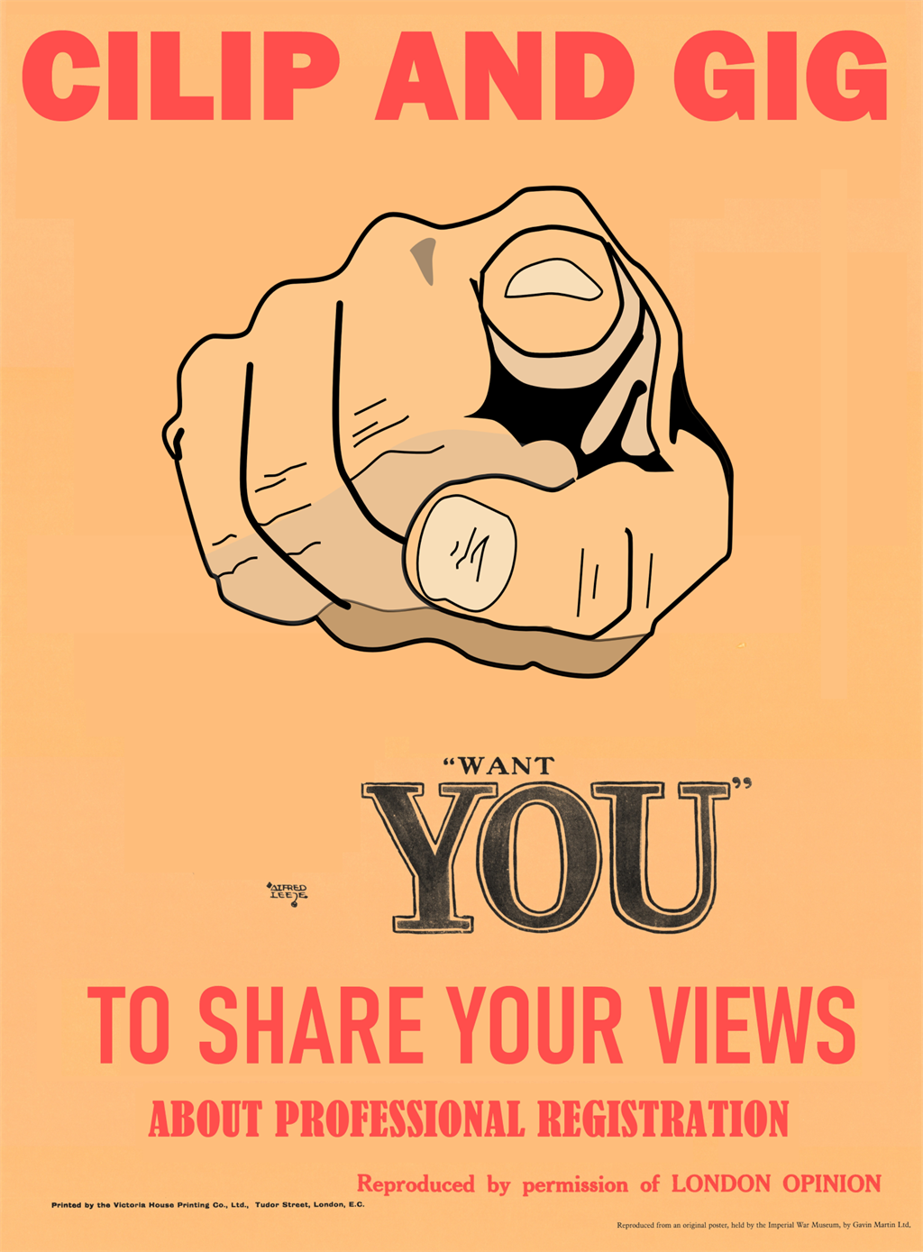 A poster with an image of a finger pointing at the viewer. The text states: "CILIP and GIG want you to share your views about professional registration"